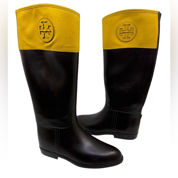 Tory Burch Riding/ Rain Boots Dark Brown Yellow Rubber Waterproof Women's 10 - Picture 2 of 14